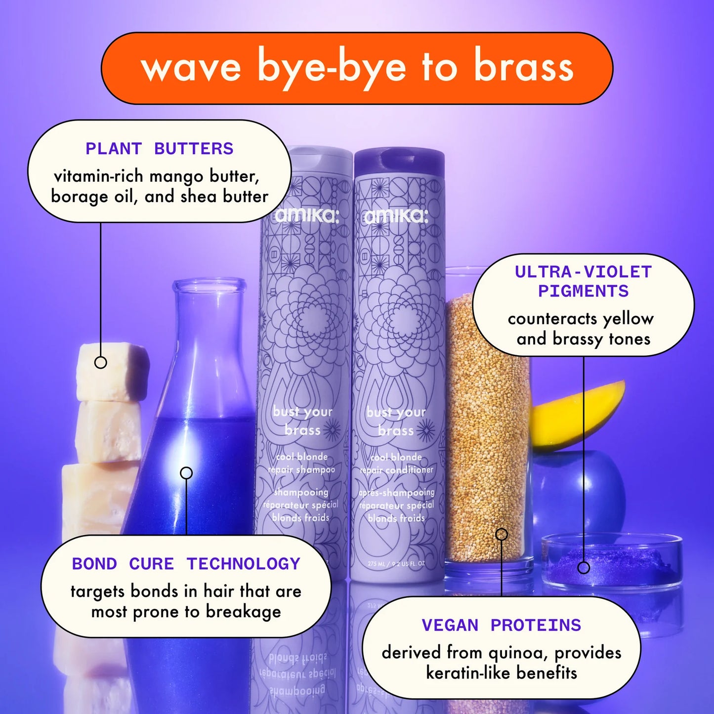 Amika Bust Your Brass Cool Blonde Repair Conditioner product line up