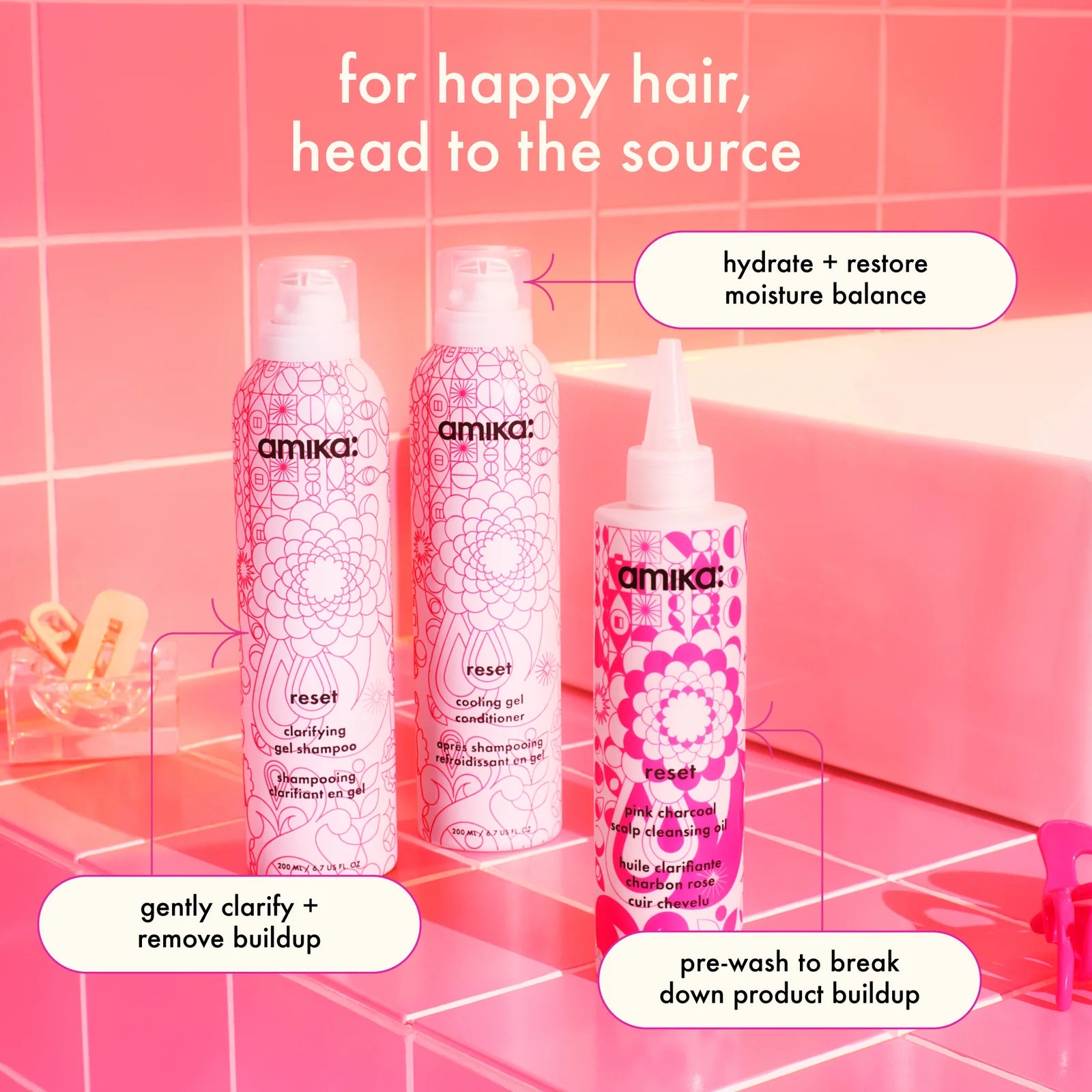 Amika Reset Clarifying + Cleansing Gel Shampoo line up