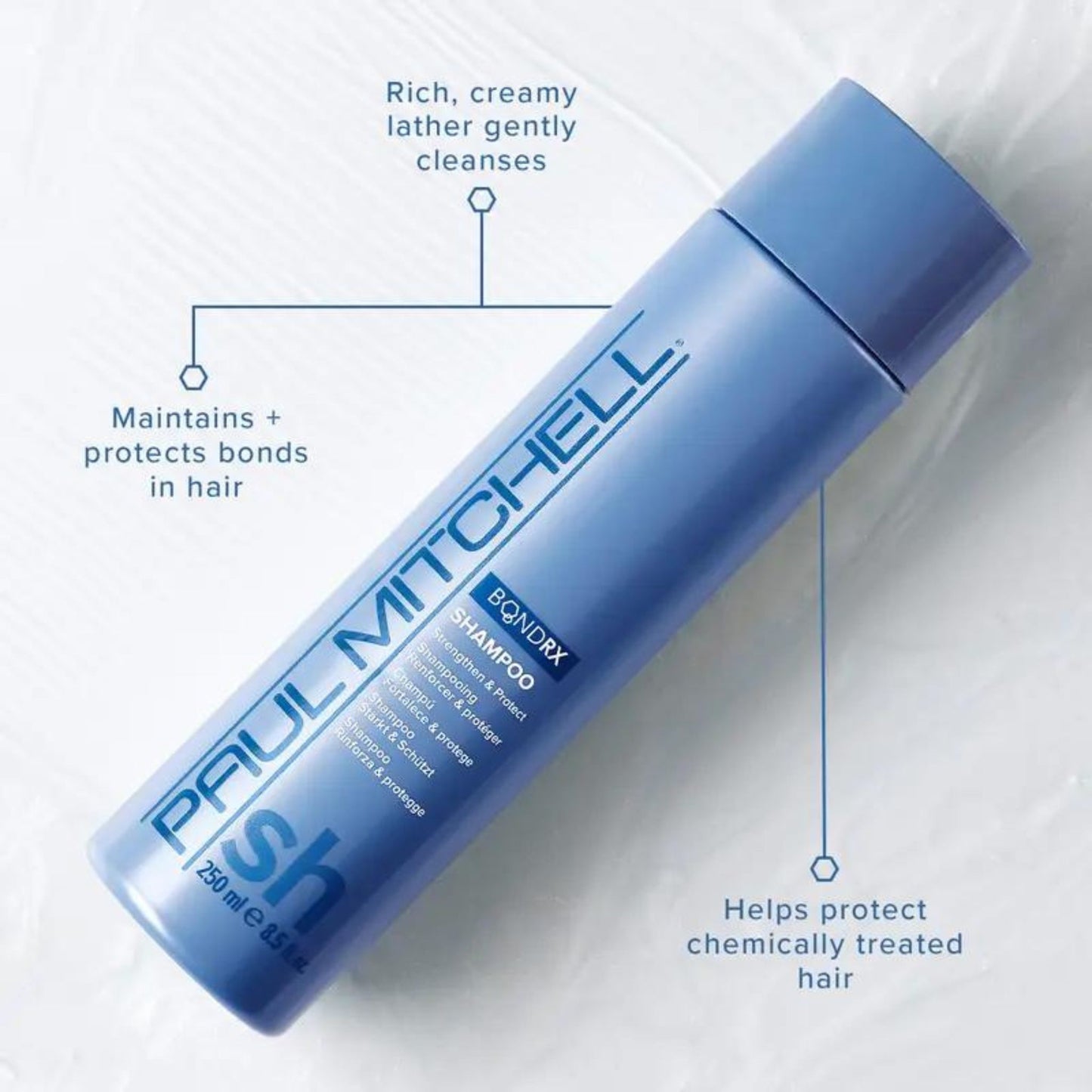 Bond Rx Shampoo - Salon Blissful - Paul Mitchell  - bottle flat lay on white background. 