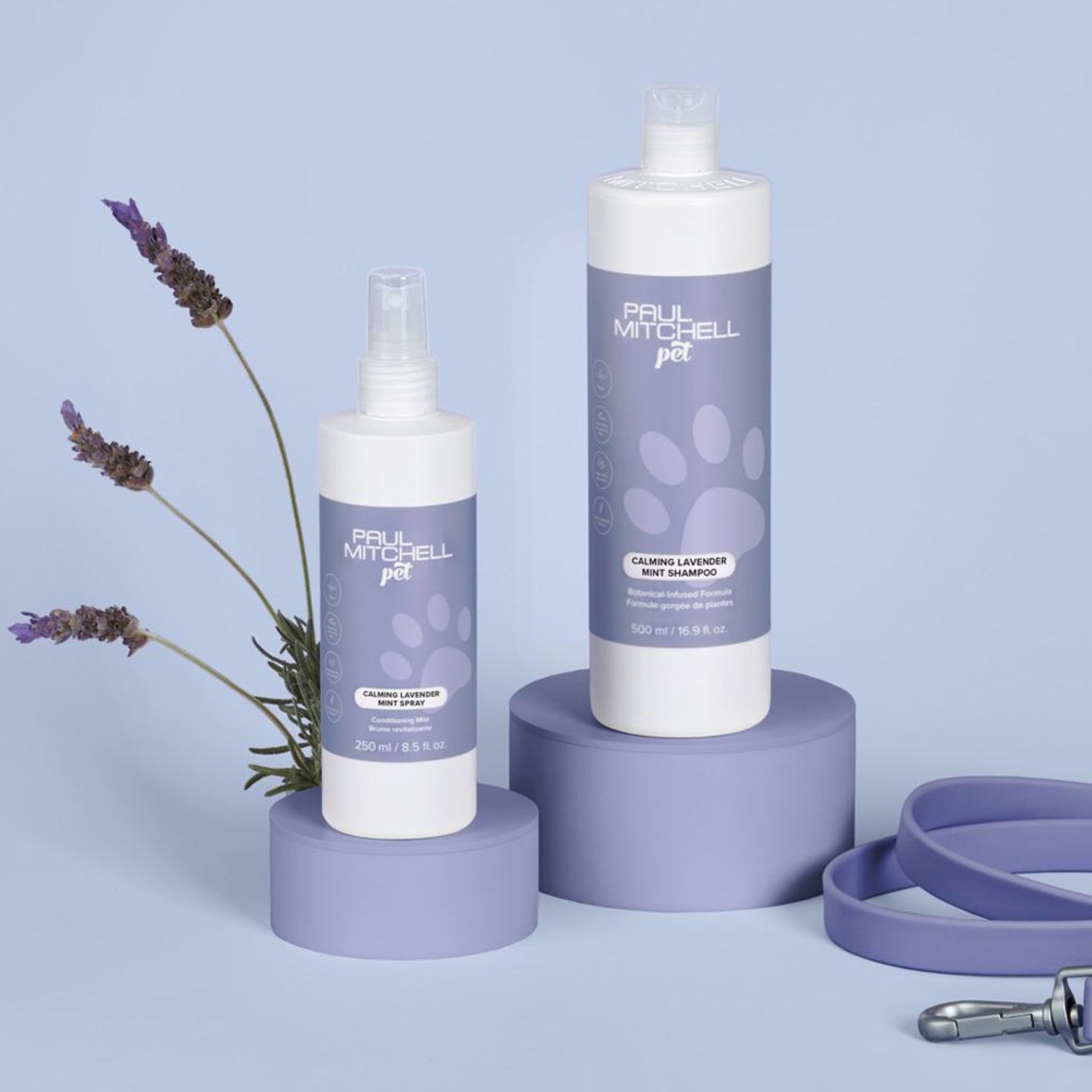 Calming Lavender Mint Shampoo (Pet) Product display on purple background