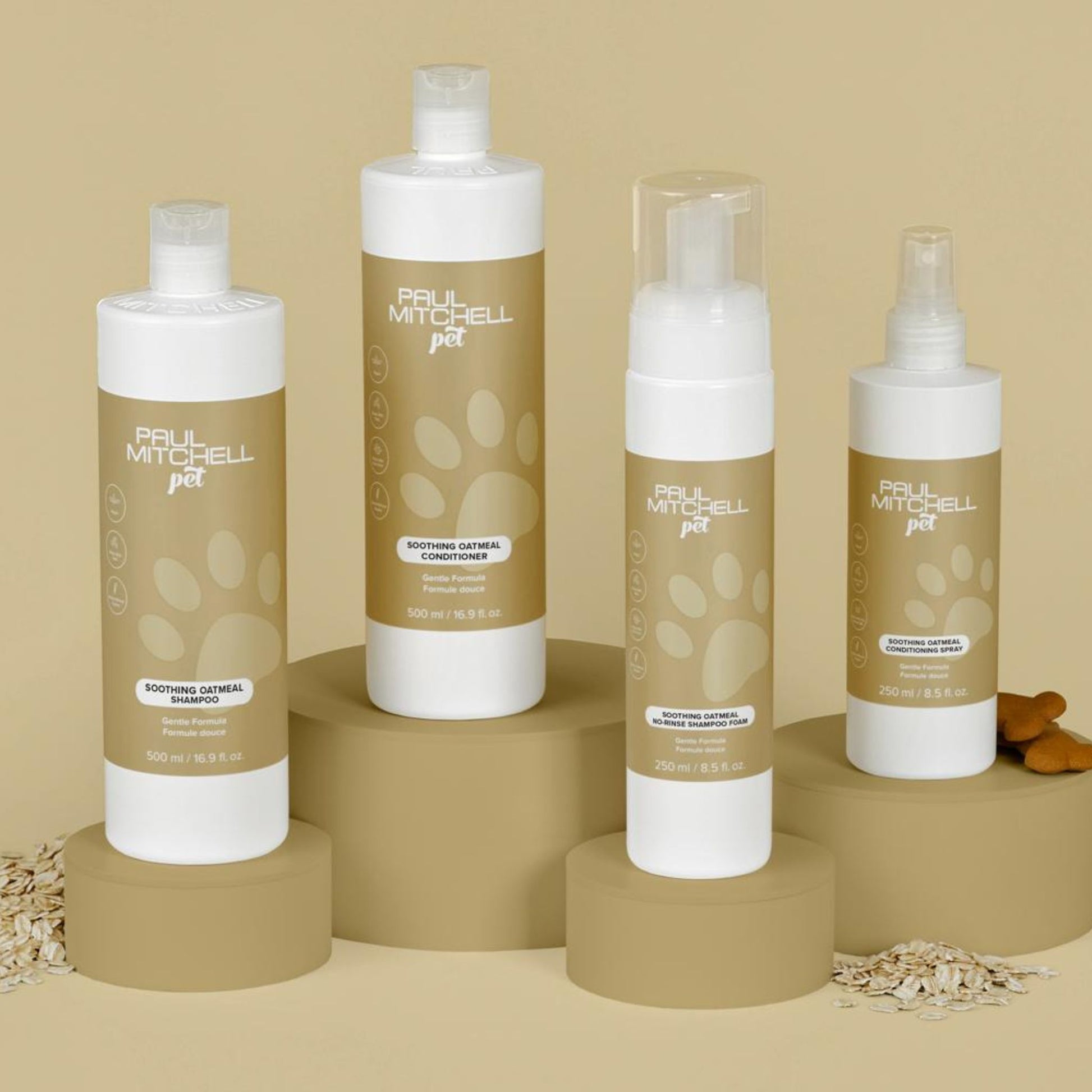 Soothing Oatmeal Shampoo (Pet) - Product line displayed with dog treats next to bottle 