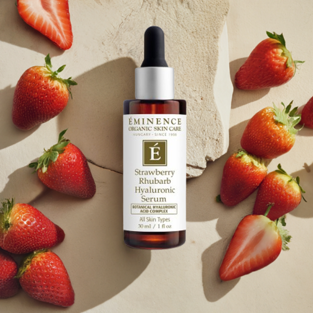 Eminence Strawberry Rhubarb Hyaluronic Serum strawberry flatlay