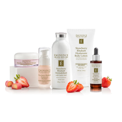 Eminence Strawberry Rhubarb Hyaluronic Body Lotion line up